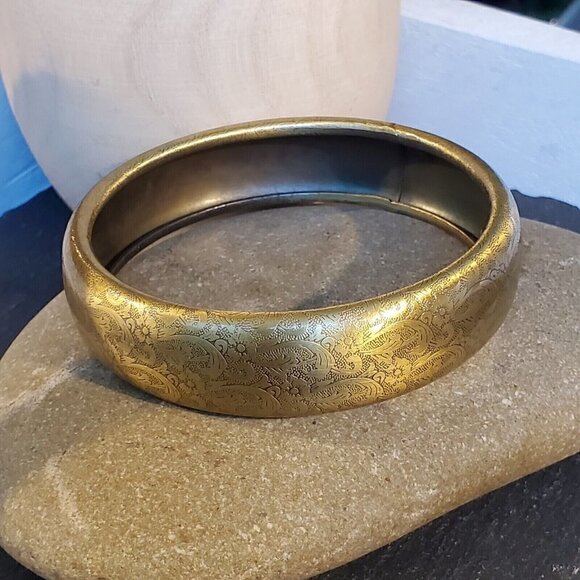 Vintage Y2K 90s Grunge Steampunk Bronze Carved Flowers Metal Bangle Bracelet - Picture 8 of 9